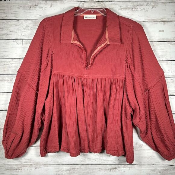 The Impeccable Pig Crinkle Cotton Babydoll Rust Bohemian Oversized Top M - Picture 2 of 12